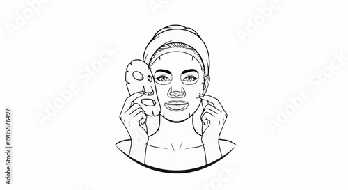 Woman applying a facial sheet mask while wearing a head wrap