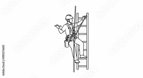 Worker in safety harness ascends ladder secured by rope