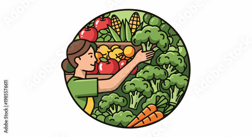 Woman reaching for fresh broccoli amidst an abundance of healthy produce