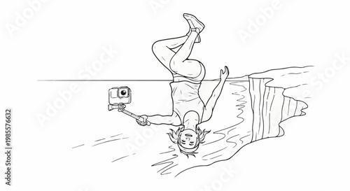 Young woman performs acrobatic stunt while taking selfie with action camera