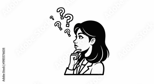 Woman pondering with multiple question marks floating above her head