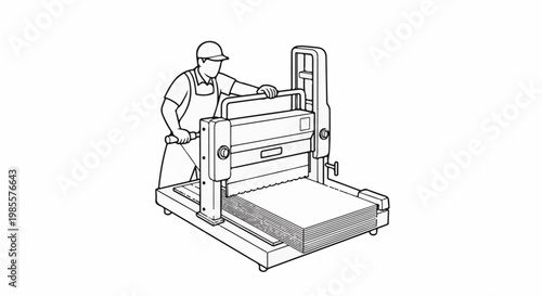 Worker operating industrial cutting machine on stacked materials