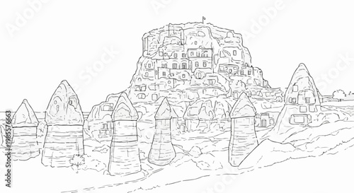 Whimsical drawing of ancient rock dwellings carved into fantastical geological formations