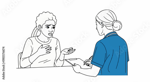 Woman distressed while talking to a nurse who is taking notes
