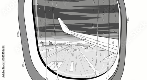 View from an airplane window shows a rainy airport runway and wing