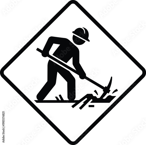 Canvas Print Worker silhouette in hard hat with pickaxe breaking ground in a diamond shape frame, construction site icon vector