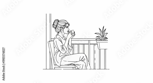 Woman enjoying a hot beverage while sitting on a chair next to a plant