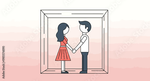 Couple holding hands inside a box, symbolizing confinement or relationship boundaries.