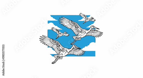 Whimsical robotic birds soar across a bright blue sky backdrop