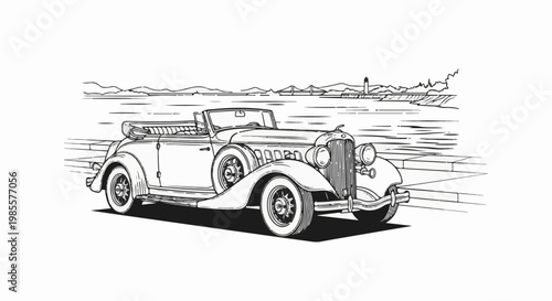 Vintage convertible parked by a waterfront with a distant bridge and lighthouse