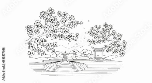 Zen garden with blooming cherry trees, torii gate, and lantern