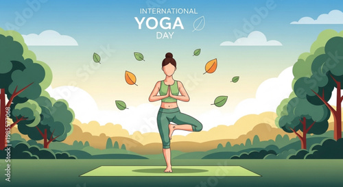 Woman practicing yoga tree pose outdoors on International Yoga Day surrounded by nature and falling leaves promoting wellness and healthy lifestyle