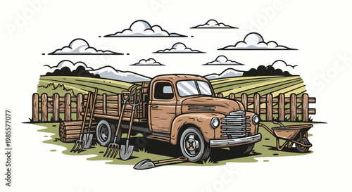 Vintage farm truck loaded with tools and logs in a rural landscape