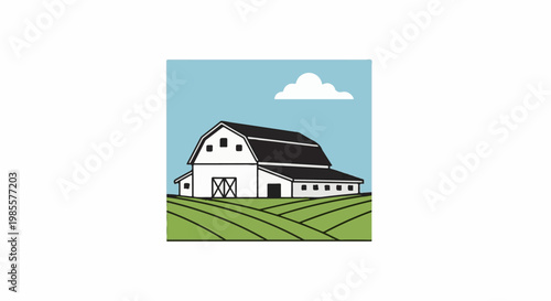 White barn with black roof sits on rolling green hills under a blue sky