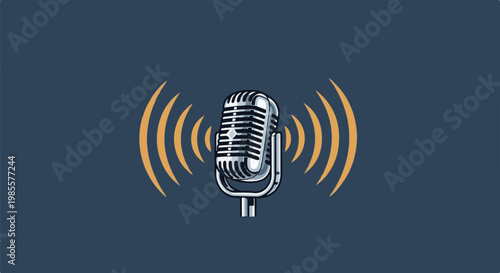 Vintage microphone with radiating sound waves