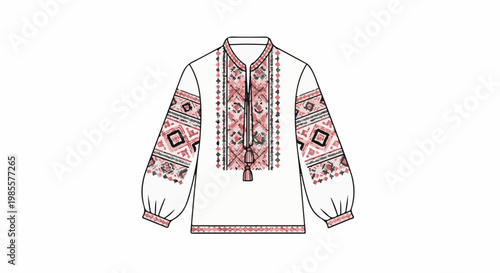 White blouse with colorful geometric embroidery and tassel