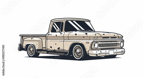 Vintage tan pickup truck with a distressed look