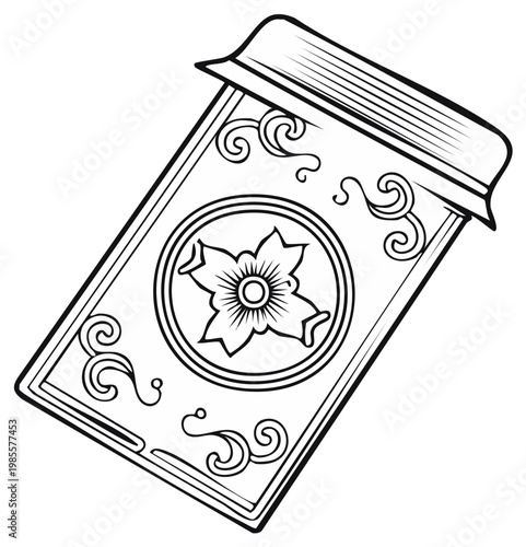 Decorative Spell Book Outline Illustration with Mystical Floral Pattern and Ornate Swirls