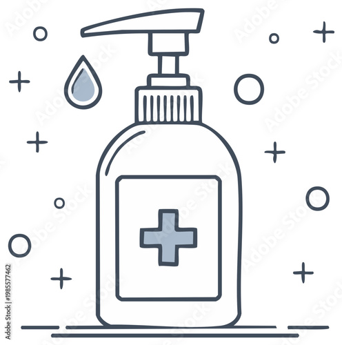 Hand sanitizer bottle with a drop, hygiene product icon with cross symbol, vector style illustration