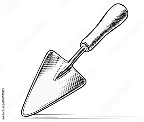 Black and white illustration of a garden trowel with a wooden handle