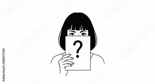 Woman holding a question mark sign, obscuring her face