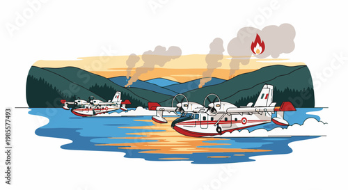 Two water-bombing aircraft prepare to fight a forest fire at sunset