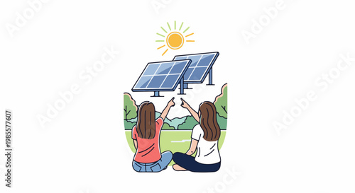 Two people admire solar panels under a bright sun in a park