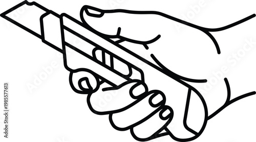 Hand holding a utility knife with retractable blade, outline sketch drawing isolated against transparent background.