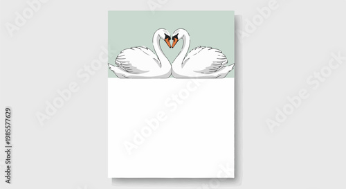 Two white swans form a heart shape with their necks on a pale green background