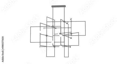 Abstract geometric chandelier-style structure with rods lines and connecting points in a symmetrical design presented in gray tones
