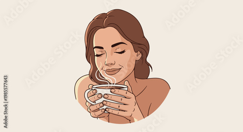 Woman savoring a hot beverage, eyes closed in contentment