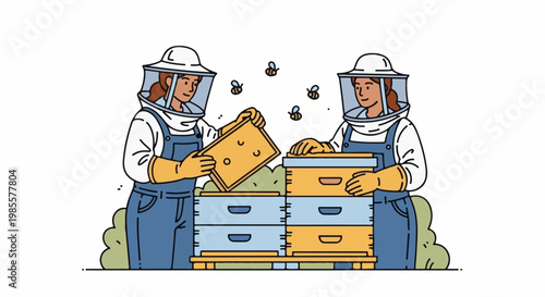Two people in protective suits tend to bee hives with buzzing insects around