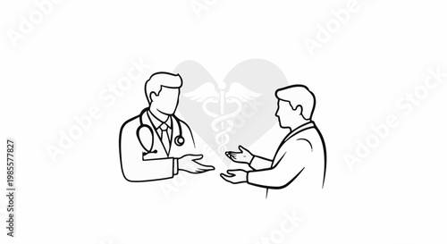 Two people interacting in front of a medical caduceus symbol within a heart