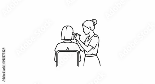 Two people. One applies makeup to another seated