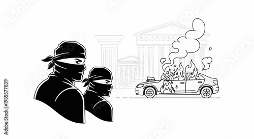 Two masked figures face a burning car before classical architecture