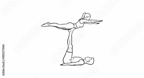 Two people performing a partner yoga pose, one balanced on the other's feet