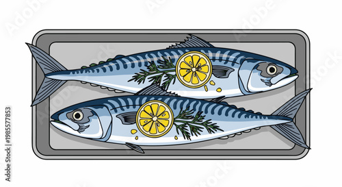 Two mackerel fish baked with lemon slices and herbs on a tray