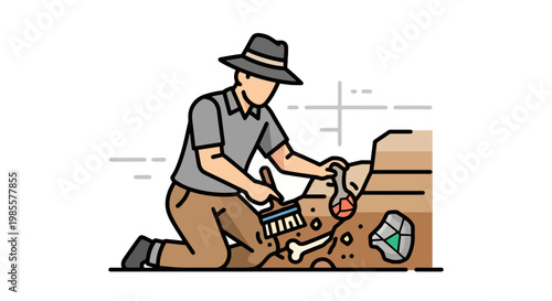 Cartoon archaeologist carefully brushing soil from fossils in excavation site with layers of earth in bright vector style