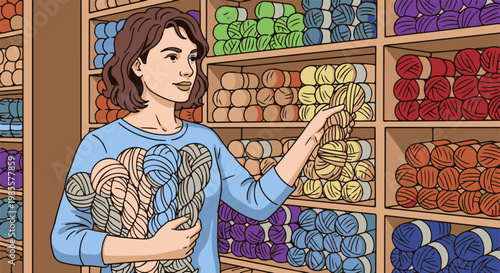 Woman selects yarn from shelves stocked with colorful balls of thread