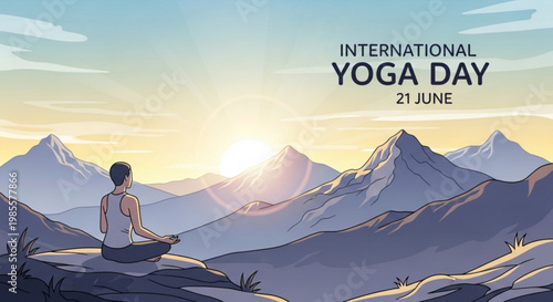 Person meditating in lotus pose on mountain peak at sunrise celebrating International Yoga Day with a serene landscape perfect for wellness and mindfulness concepts