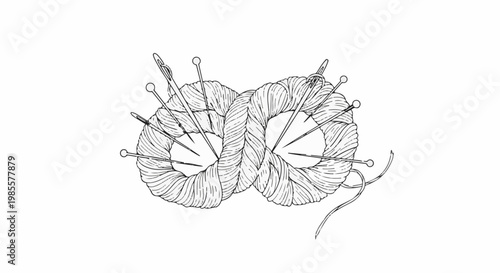 Two loops of yarn intertwined with sewing needles
