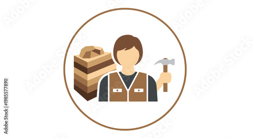 Cartoon character in vest holding hammer next to layered rock formation within brown circle on white background