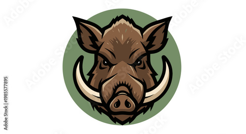 Angry cartoon hog head with sharp tusks on green backdrop ferocious boar in detailed graphic illustration design element for branding