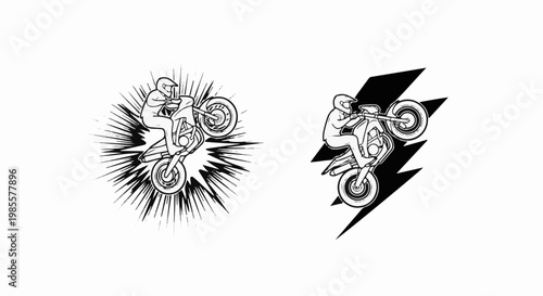 Two line art illustrations of motorcyclists performing wheelies with graphic effects