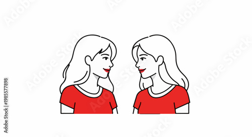 Two women in red tops looking at each other with smiles