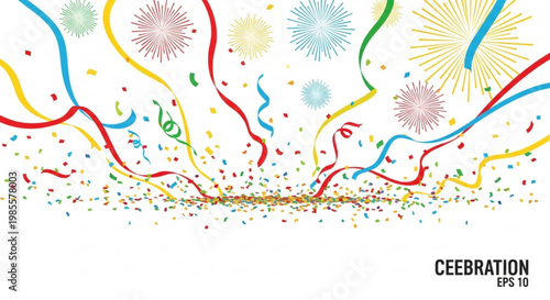 Colorful confetti and streamers exploding from below celebrating a festive event with fireworks perfect for party invitations and holiday designs