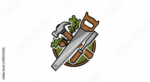 Vintage woodworking tools with oak leaves and acorns emblem