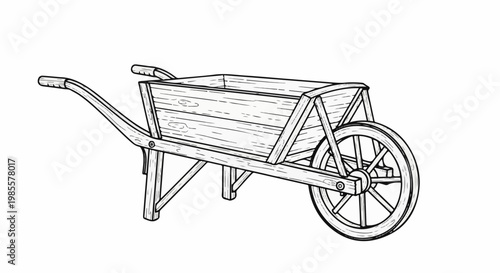 Vintage wooden wheelbarrow, hand-drawn line art, ideal for garden work