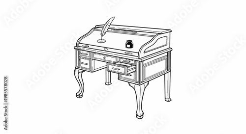 Vintage writing desk with quill pen, inkwell, and open drawers