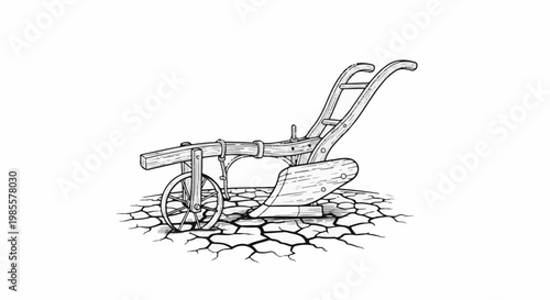 Vintage wooden plow with a single wheel, resting on cracked earth